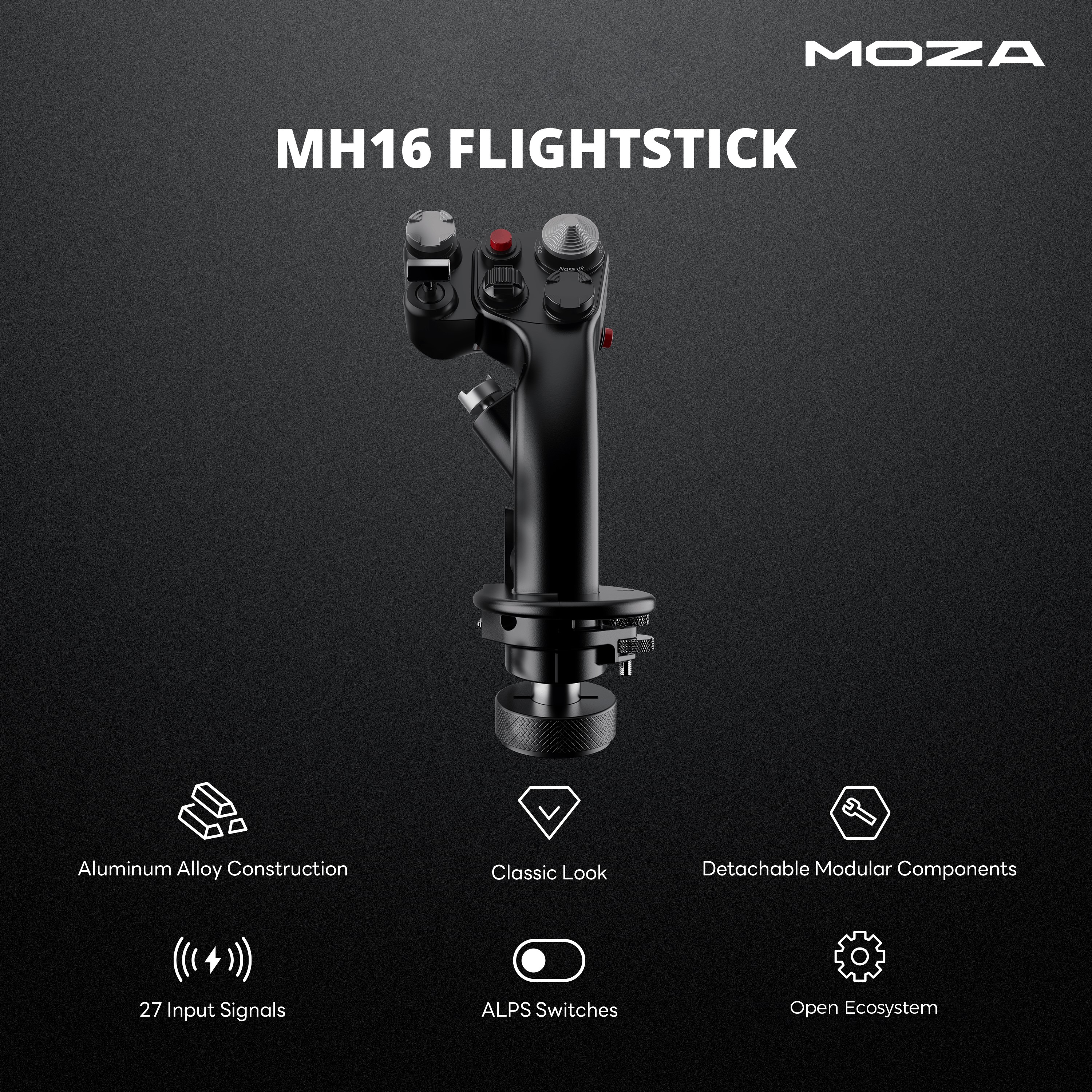 A large marketing image providing additional information about the product MOZA MH16 Flightstick - Additional alt info not provided